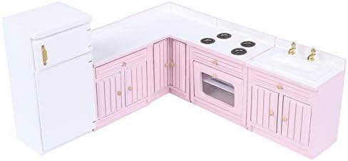 1:12 Scale Dollhouse Kitchen Furniture Set, 5 Piece Wooden Miniature Kitchen Accessories with Cabinet, Fridge, Sink, Corner Cabinet