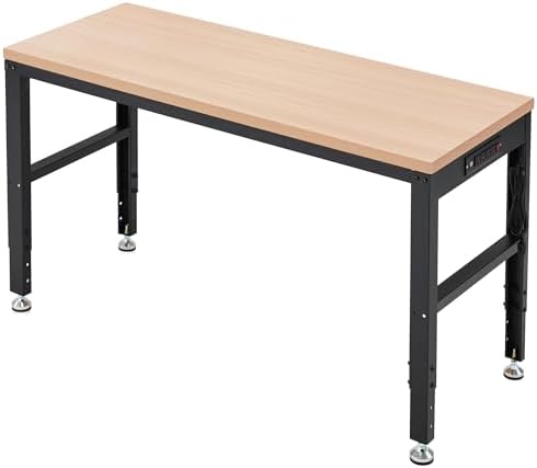 Antifir 60" Adjustable Workbench, Heavy Duty Wood Workstation | Garage Workbench, 2000 LBS Load Capacity, Work Table with Power Outlet and Foot Pads for Commercial, Workshop, Office, Home