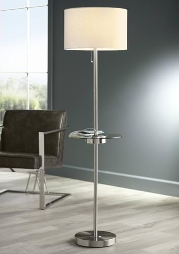 360 Lighting Caper 60 1/2" Tall Nickel Tray Table USB and Outlet Floor Lamp | Modern with AC Power on Glass 5 Satin White Fabric Drum Shade for Living Room Reading House Bedroom