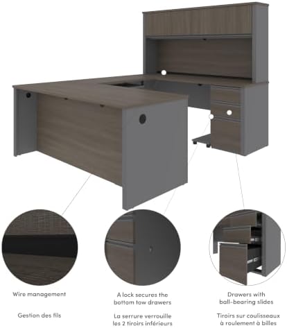 Bestar Prestige + 72W U-Shaped Executive Desk with 2 Pedestals and Hutch in White Chocolate & Antigua | With 2 Pedestals and Hutch; with Narrow Desk Shell, Desk Shell, Desk Bridge, Keyboard Tray, CPU Stand; stands 67 in. tall