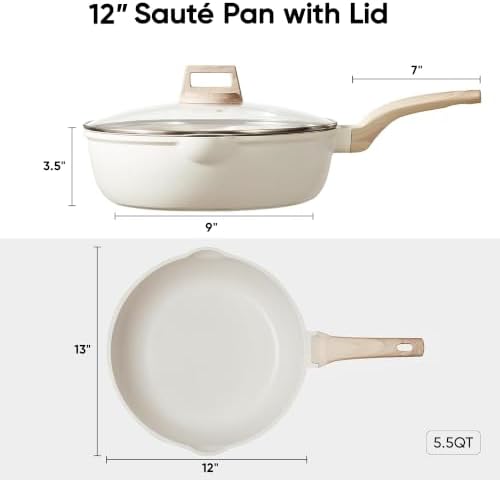 CAROTE 12 Inch Nonstick Deep Frying Pan with Lid, 5.5 Qt Black Granite | Kitchen Non-Toxic PFOA Free Cookware, Covered Sauté Pans All Stovetops Compatible, Easy to Clean