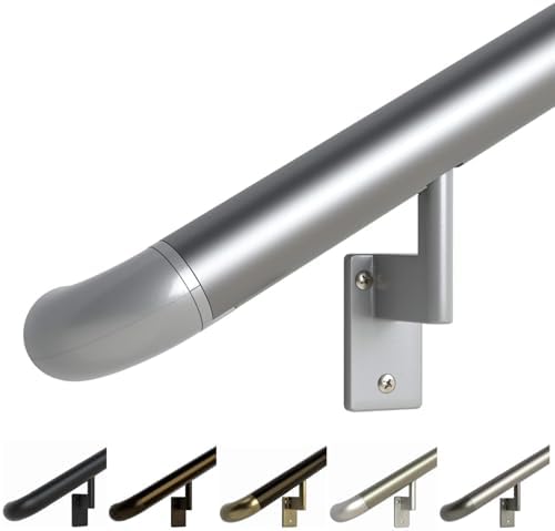 Promenaid Silver 5ft ADA Handrail Kit - Complete Indoor/Outdoor Stair Handrail - 1.6" Round Satin-Anodized Aluminum Railing with 3 Silver Painted