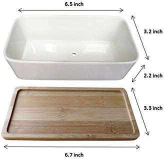 LANKER 6.5 Inch Rectangle White Ceramic Succulent Planter Pot with Bamboo Tray