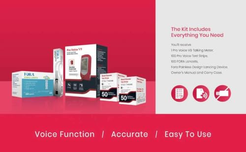 FORA Pro Voice V9 Diabetes Testing Kit for Accurate and Easy Monitoring Your Blood Glucose with Talking Glucometer, 1 Meter, 100 Test Strips