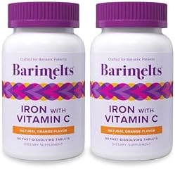 Barimelts Iron with Vitamin C, 90 Fast-Dissolving Tablets (1-Month Supply), Sugar-Free Bariatric Iron Supplement for Women, Natural Orange Flavor​
