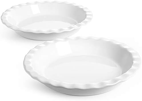 LE TAUCI Ceramic Pie Pans Plate for Baking, 9 inch Deep Dish Baking Dish, 52 ounce Bakeware for Apple Pecan Pie, Set of 2, White