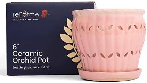 rePotme 6" Pinwheel Fluted Ceramic Plant Pot (Cream Over Lavender) - Includes Free 6 inch Slotted Pot Liner - Great for Orchids, Succulents