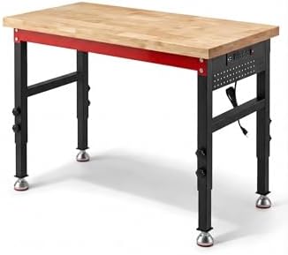 60" Heavy Duty Workbench, 2500 LBS Load Capacity Work Bench with 1.2" Laminated Oak Wood Top & Reinforced Steel Frame, Adjustable Height Work Table for Garage, Workshop, Office, Home (Casters)