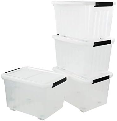 Clear Plastic Storage Bins with Wheels, 4-Pack Latch Boxes, 30 L