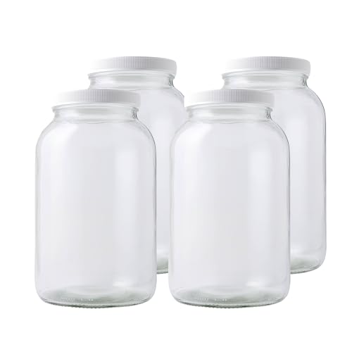 4-Pack 1 Gallon Glass Jar with Lid | Wide Mouth Food Storage Canisters | Heavy-duty Glass Jars with Airtight Lid for kombucha, pickling, canning, fermentation, cider, wine and bulk pantry storage