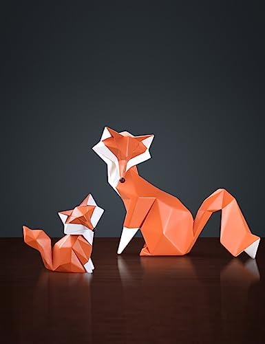 HAUCOZE Fox Statue Figurine Animal Sculpture Modern Home Decor 8.3 Inch | Orange Resin Geometric Art Birthday Holiday Gift Handmade Ornament for
