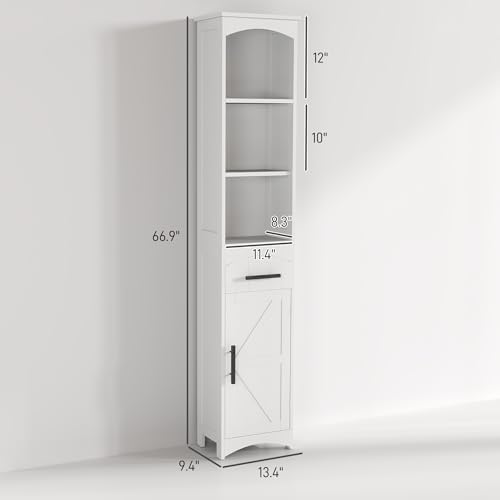 HOMCOM Tall Bathroom Storage Cabinet, Farmhouse Bathroom Cabinet, White | Narrow, Recessed Drawer, Barn Door