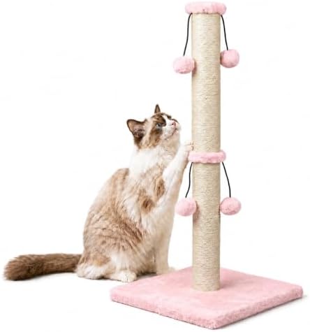 Dimaka 29'' Cat Scratching Post, Natural Sisal Rope Scratcher Post, Kitten Claw Scratch with 4 DanglingToy Balls for Large Cats (Grey)