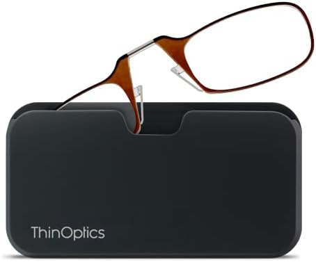 ThinOptics unisex-adult Reading Glasses + Black Universal Pod Case | Brown Frames, 1.50 Strength Readers Brown Frames / Black Case, 44 mm