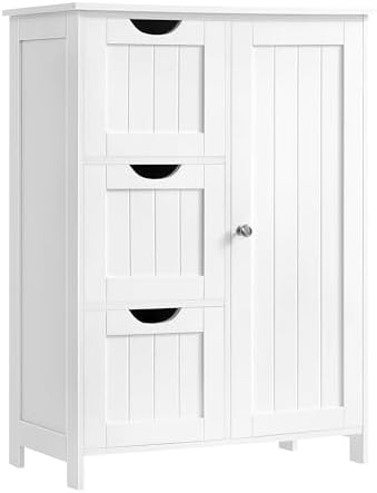 VASAGLE Floor Storage Cabinet, Freestanding Storage Unit with 3 Drawers, 1 Adjustable Shelf, for Bathroom Living Room Dining Kitchen, 11.8 x 23.6 x 31.5 Inches, Cloud White UBBC049WH01S