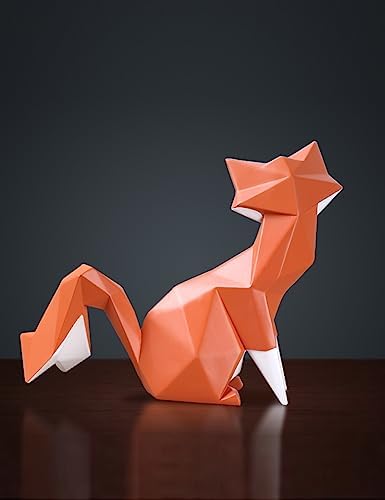 HAUCOZE Fox Statue Figurine Animal Sculpture Modern Home Decor 8.3 Inch | Orange Resin Geometric Art Birthday Holiday Gift Handmade Ornament for