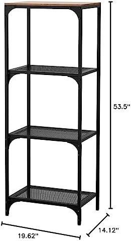 Royal7 4-Shelf Industrial Bookshelf, Rustic Metal and Wood Shelf, 19 5/8”W x 14 1/8”D x 53 1/2” H, Black