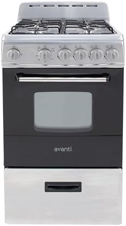 Avanti Compact Gas Range Oven, 4 Sealed Burners, 20-Inch, Stainless Steel | Avanti Compact Gas Range Oven, Freestanding with 4 Sealed Burners, Broiler with Pan, Storage Drawer, 20-Inch, Stainless Steel