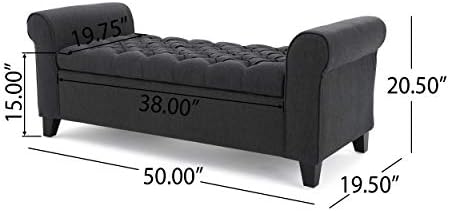 Christopher Knight Home Keiko Fabric Armed Storage Bench, Dark Grey, 19.50”D x 50.00”W x 19.25”H