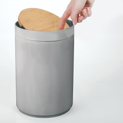 mDesign Plastic Round Trash Can Small Wastebasket - Garbage Bin Container with Swing-Close Lid - Bathroom Garbage Basket - Holds Waste, Recycling - 1.3 Gallon - Basa Collection - Cream/Beige/Natural