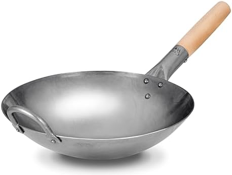 Craft Wok Traditional Hand Hammered Chinese Carbon Steel Wok with Wooden and Steel Helper Handle (14 Inch, Round Bottom Pow Wok Pan) / 731W88