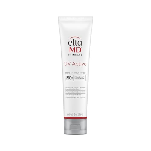 EltaMD UV Active 100% Mineral Sunscreen, SPF 50+ Full Body Sunscreen for Active Lifestyles, Water Resistant Up to 80 Minutes, 3.0 oz Tube