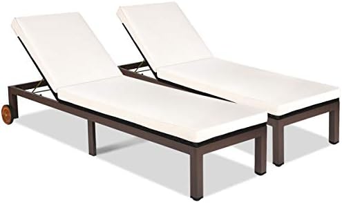 Tangkula Patio Chaise Lounge Chair, Outdoor Rattan Lounger Recliner Chair with Wheels, Wicker Chaise Chair W/Cushioned Seating