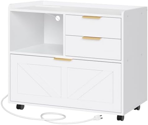 HOOBRO Lateral File Cabinet, Wooden Office Storage Drawers with Charging Station, Filing Cabinet for Home Office, A4/Letter/Legal-Sized Files, Printer Stand with Open Storage Spaces, White WT37UWJ01