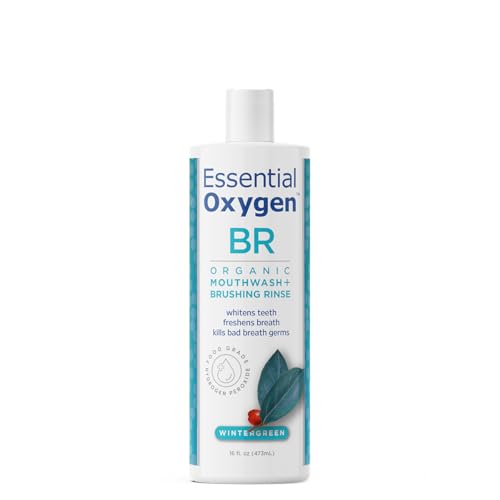 Essential Oxygen Certified BR Organic Brushing Rinse, All Natural Mouthwash for Whiter Teeth, Fresher Breath, and Happier Gums, Alcohol-Free Oral Care, Peppermint, 16 Ounce, Package may vary