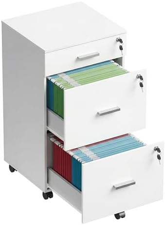 DEVAISE 3 Drawer File Cabinet with Lock & Wheels, Wood Printer Stand | Mobile Filing Cabinet Fits Letter/A4 Size; Rustic Brown Wood Printer Stand Keeps Home Office Files Secure And Organized