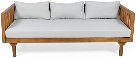 Christopher Knight Home Tina Outdoor 3 Seater Acacia Wood Daybed, Teak Finish, Light Grey
