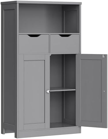 Vongrasig Bathroom Storage Cabinet, 42.5" H Freestanding Floor Cabinet | Wooden Modern Cabinet with 2 Drawers, Open Shelf and Adjustable Shelf for Bathroom, Laundry Room and Entryway, White