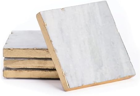 Thirstystone Square White Marble/Gold Edged Coasters (Set of 4), Multicolor | 4" Square, Non-Slip Feet, Absorbent, Elegant