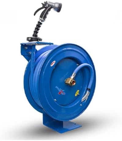BLUSEAL BSWR5850 Retractable Hose Reel with 5/8" x 50' Hot Water Rubber Hose, 6' Lead-in, 500 PSI, Brass Fittings, Swivel Mount Hose Reel