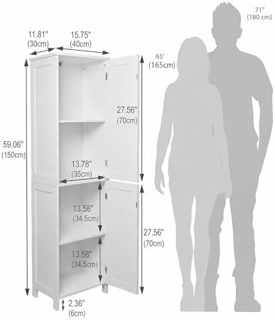Tall Bathroom Storage Cabinet, Freestanding Bathroom Cabinet with 2 Doors & Adjustable Shelves, Floor Cabinet for Living Room, Kitchen, White