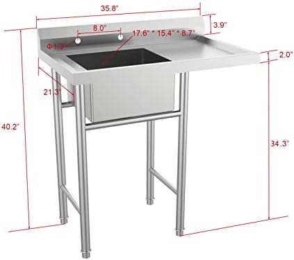 Bonnlo 304 Stainless Steel Utility Sink with Drainboard, One Compartment Workbench Sink Commercial Sink for Restaurant, Laundry Room, Backyard