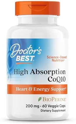 Doctor's Best High Absorption CoQ10 200mg with BioPerine Supplement - Coenzyme Q10 Caps for Heart Health & Antioxidant Support, CoQ10 200 mg for Women & Men, Non GMO - 60 Veg Capsules