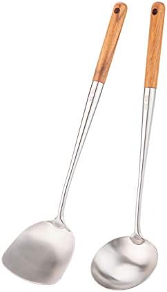 FJNATINH Wok Spatula and Ladle,Skimmer Ladle Tool Set, 17inches Spatula for Wok, 304 Stainless Steel Cooking Utensils