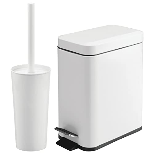 mDesign Metal Freestanding Slim Toilet Bowl Brush and Holder + Rectangle Narrow 5 Liter / 1.3 Gallon Step Pedal Trash Can Wastebasket for Bathroom