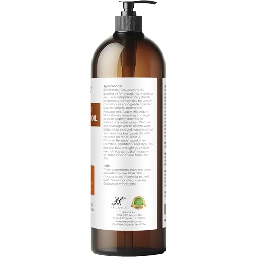 velona Pumpkin Seed Oil USDA Certified Organic - 32 fl oz | 100% Pure and Natural Carrier Oil | Unrefined, Cold Pressed | Cooking, Face, Hair