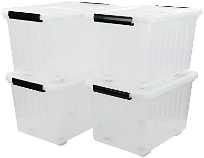 Clear Plastic Storage Bins with Wheels, 4-Pack Latch Boxes, 30 L
