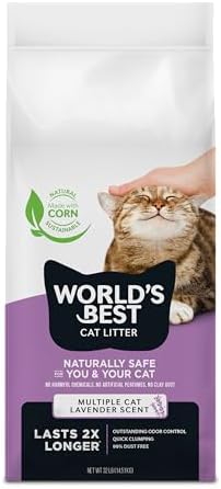 World's Best Cat Litter, Lavender Scented, Long-Lasting Odor Control, 15 lb | Controls multi-cat odors with a calming lavender scent; natural corn litter, quick clumping, flushable, 99% dust free formula