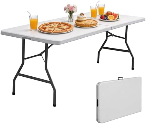 ZENY 6ft Folding Table, Portable Picnic Table, Plastic Table for Indoor Outdoor Picnic, Party, Camping, Heavy Duty Fold-up Table with Handle, White