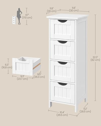 VASAGLE Floor Storage Cabinet, Freestanding Storage Organizer with 4 Drawers, 11.8 x 11.8 x 32.3 Inches, for Living Room, Bathroom, Dining Room, Kitchen, Modern Style, Cloud White ULHC040WH01S