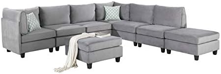 Lilola Home Simona 120-inch Modular Sectional Sofa, Gray Velvet 8-Piece U-Shaped Couch with 2 Ottomans & Accent Pillows