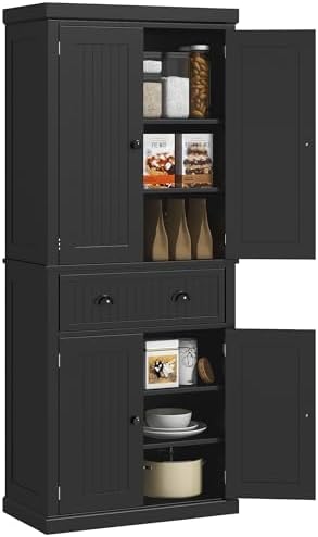 HOMCOM 72" Kitchen Pantry Cabinet Freestanding Tall Storage Cabinet White | Traditional Kitchen Pantry, 4 Doors, Drawer, 3 Adjustable Shelves, for Dining Room