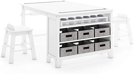 Martha Stewart Kids' Art Table and Chair Set - Linen White: Wooden Kids Play Table for Arts and Crafts | Coloring Desk with Paint Cups