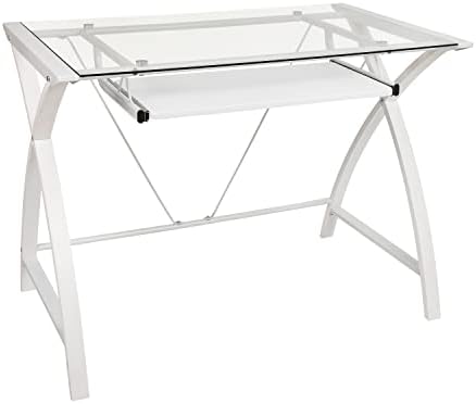 Flash Furniture Jude Tempered Glass Computer Desk with Pull-Out Keyboard Tray and Crisscross Frame, Small Computer Desk for Home Office, Cherry/Clear