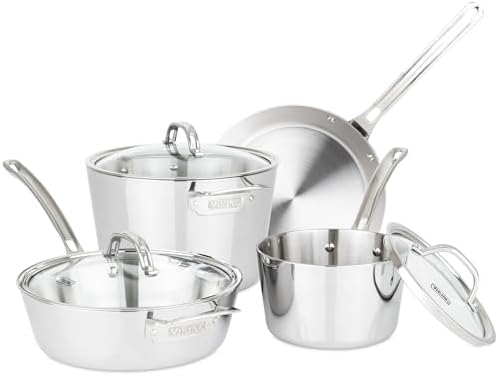 Viking Contemporary 3-Ply Pots and Pans Set, 10 Piece Stainless Steel Kitchen Cookware, Silver