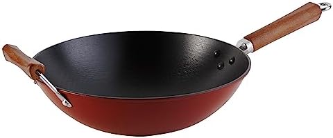 IMUSA USA GKG-61021 Light Cast Iron Wok, 14", Red Handles | Ideal for Stir-Frying and Deep Frying, Great for Everyday Cooking